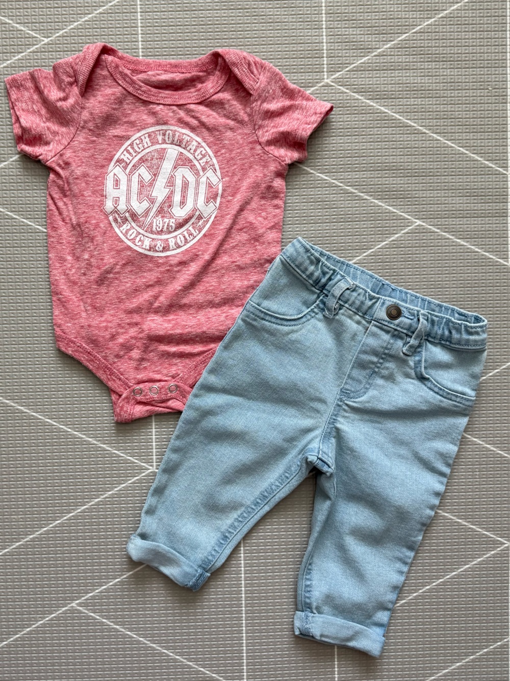 Baby gender neutral|AC/DC Graphic Onesie with Light Blue Denim jeans•••band tee